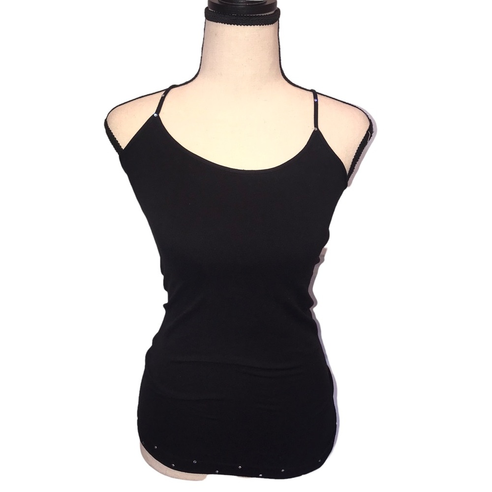 Luxe Junkie Solid Black Fitted Tank Jeweled Detailing on Straps and Waistband OS